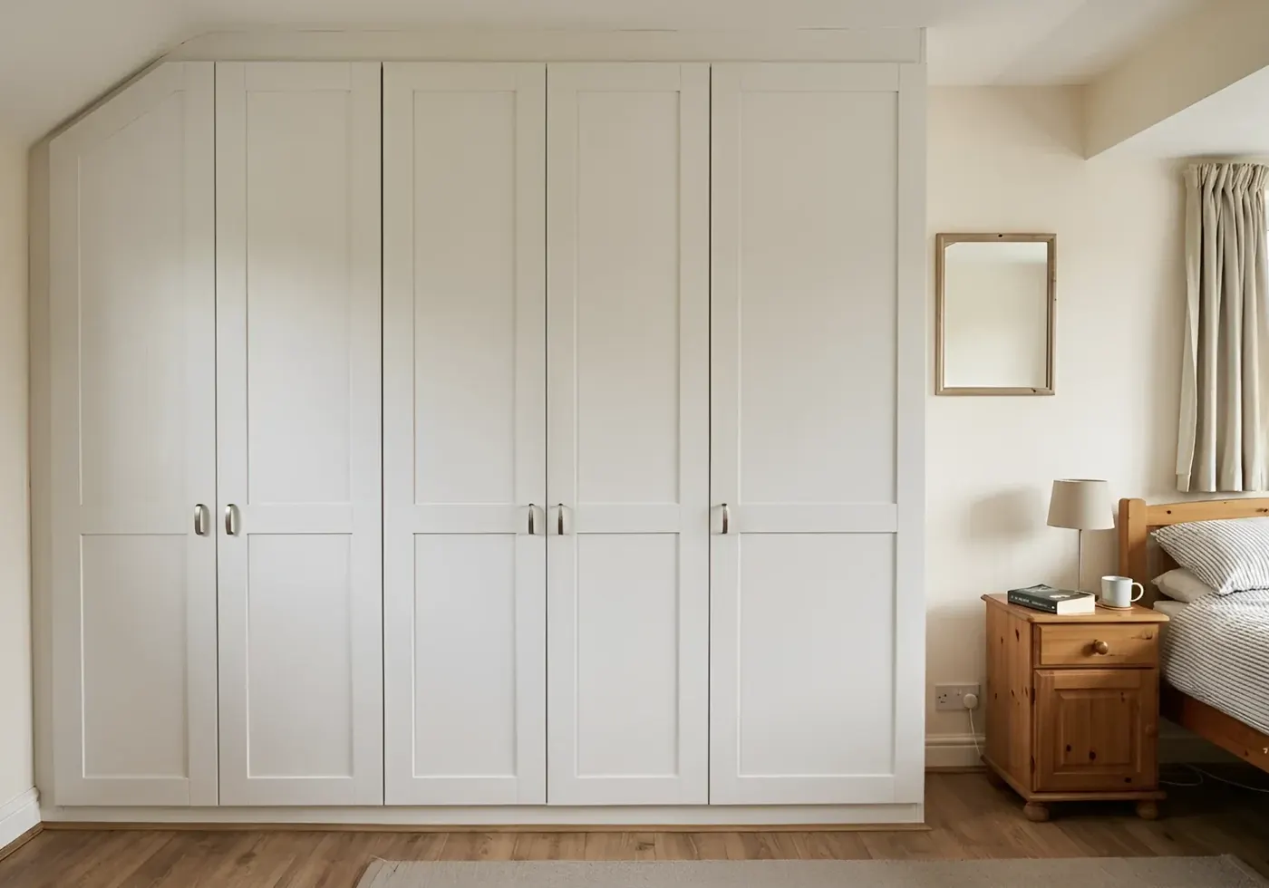 Built-in wardrobe filling a bedroom wall under a sloped ceiling, its five shaker doors stepped down to follow the slope, beside a bed and window
