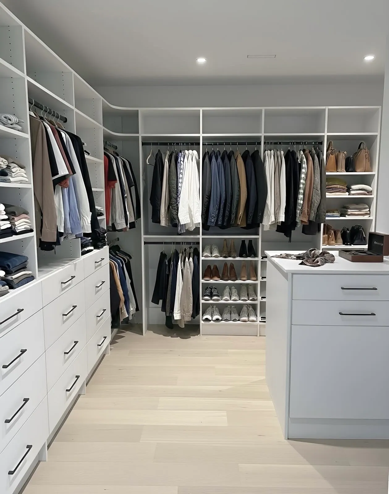 A white walk-in closet in an Etobicoke home, hanging on three walls over long banks of drawers, with an island of drawers on the right