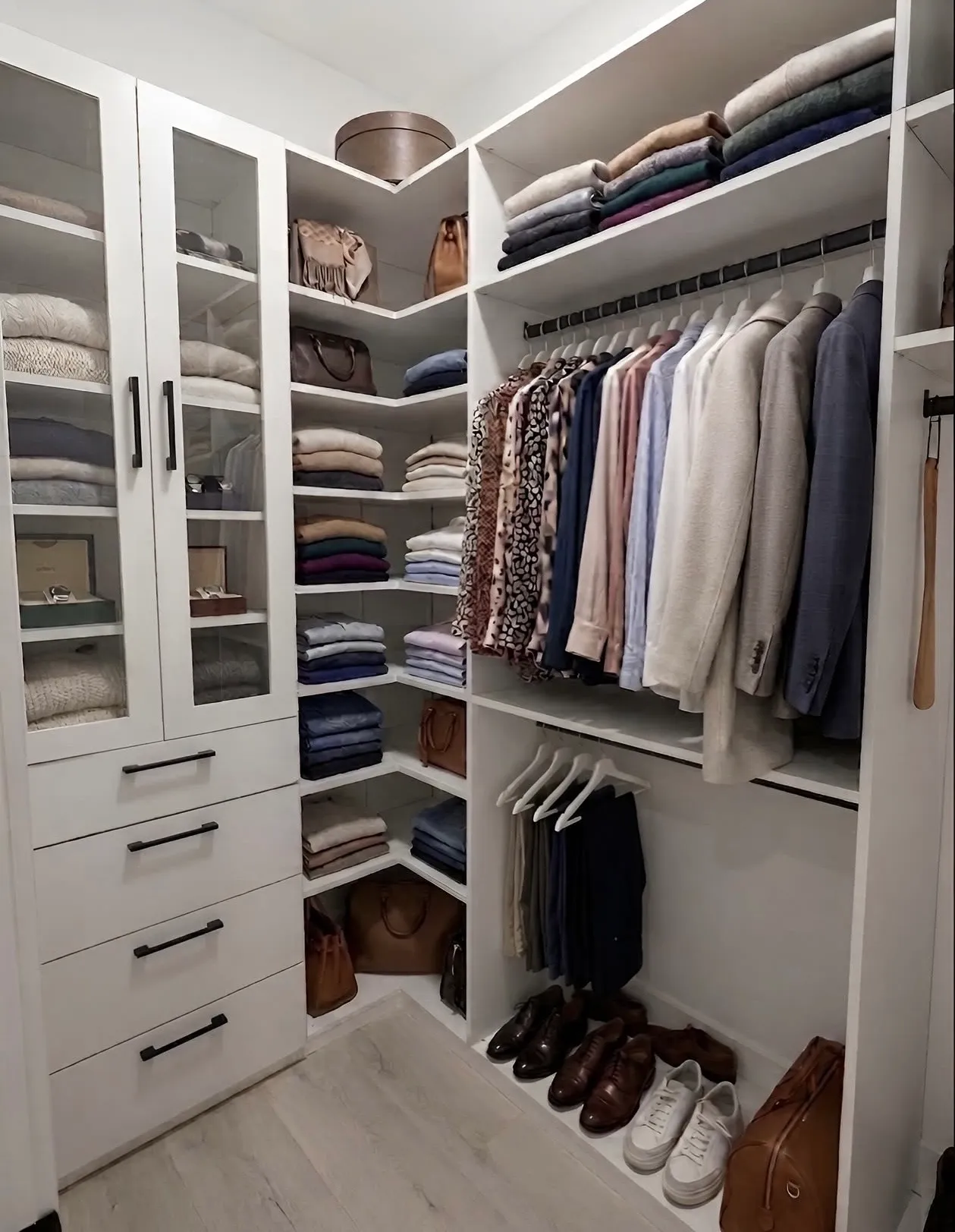 A white corner walk-in closet with glass-fronted upper cabinets over drawers, corner shelving and hanging at two levels