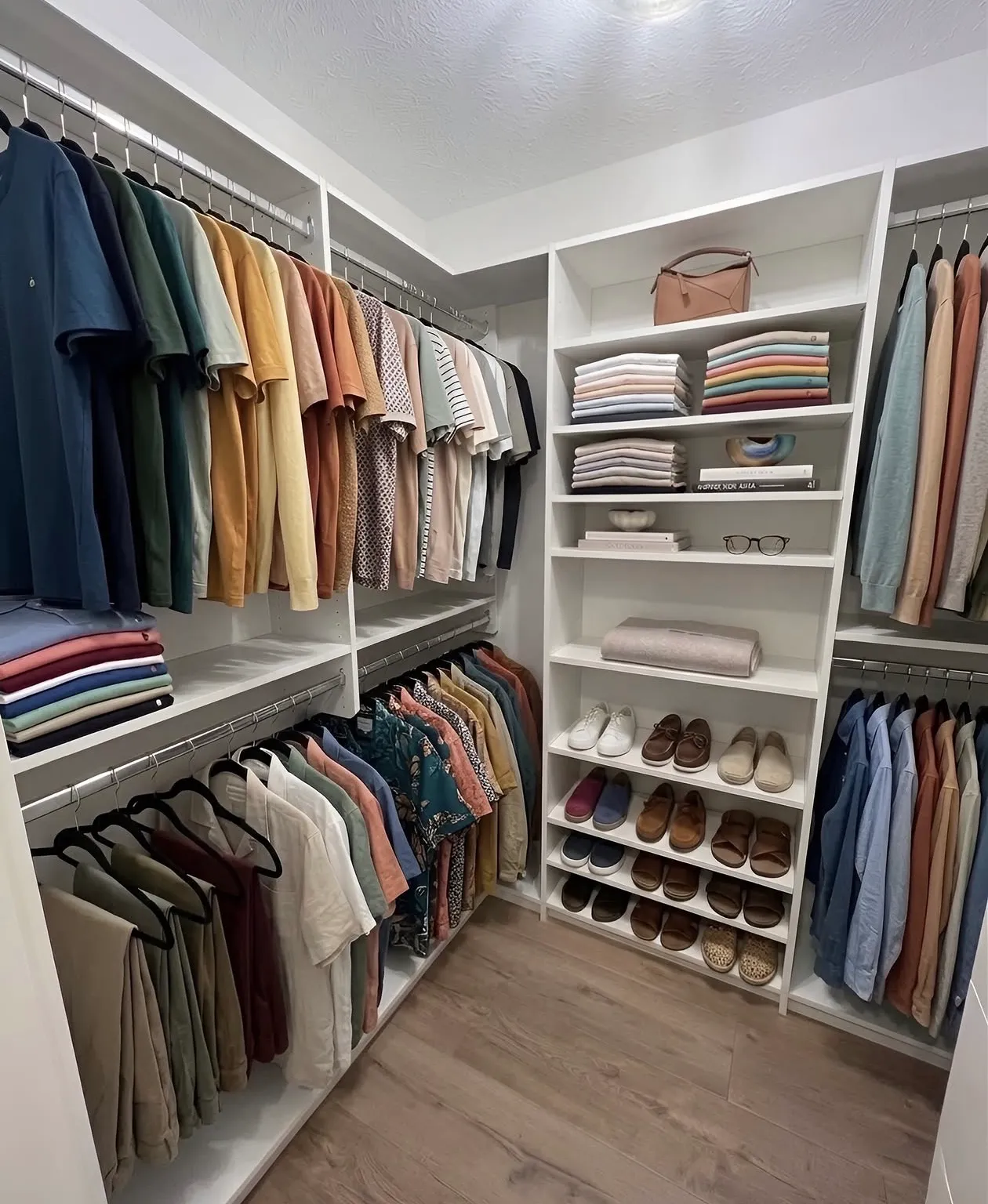 A white walk-in closet with shirts hung in colour order on three walls and a centre tower of folded stacks over shoe shelves