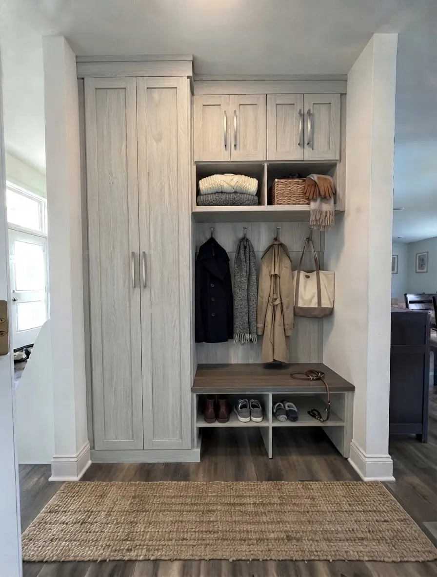An entry bench with shoe shelving under it, coat hooks above and a full-height cabinet beside it, in pale oak