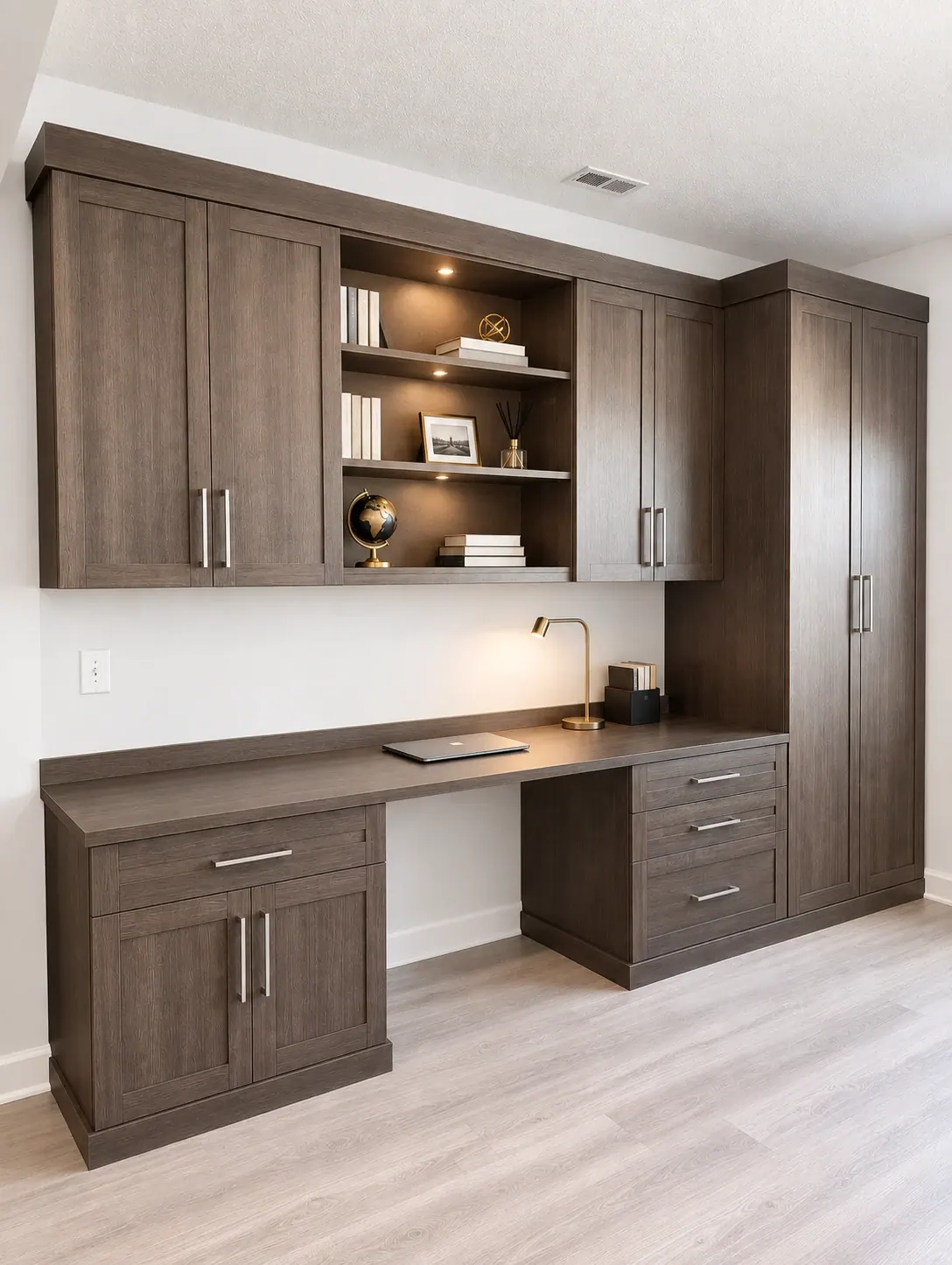 A dark oak built-in desk with lit open shelving, cabinets either side and a tall storage cabinet in a home office