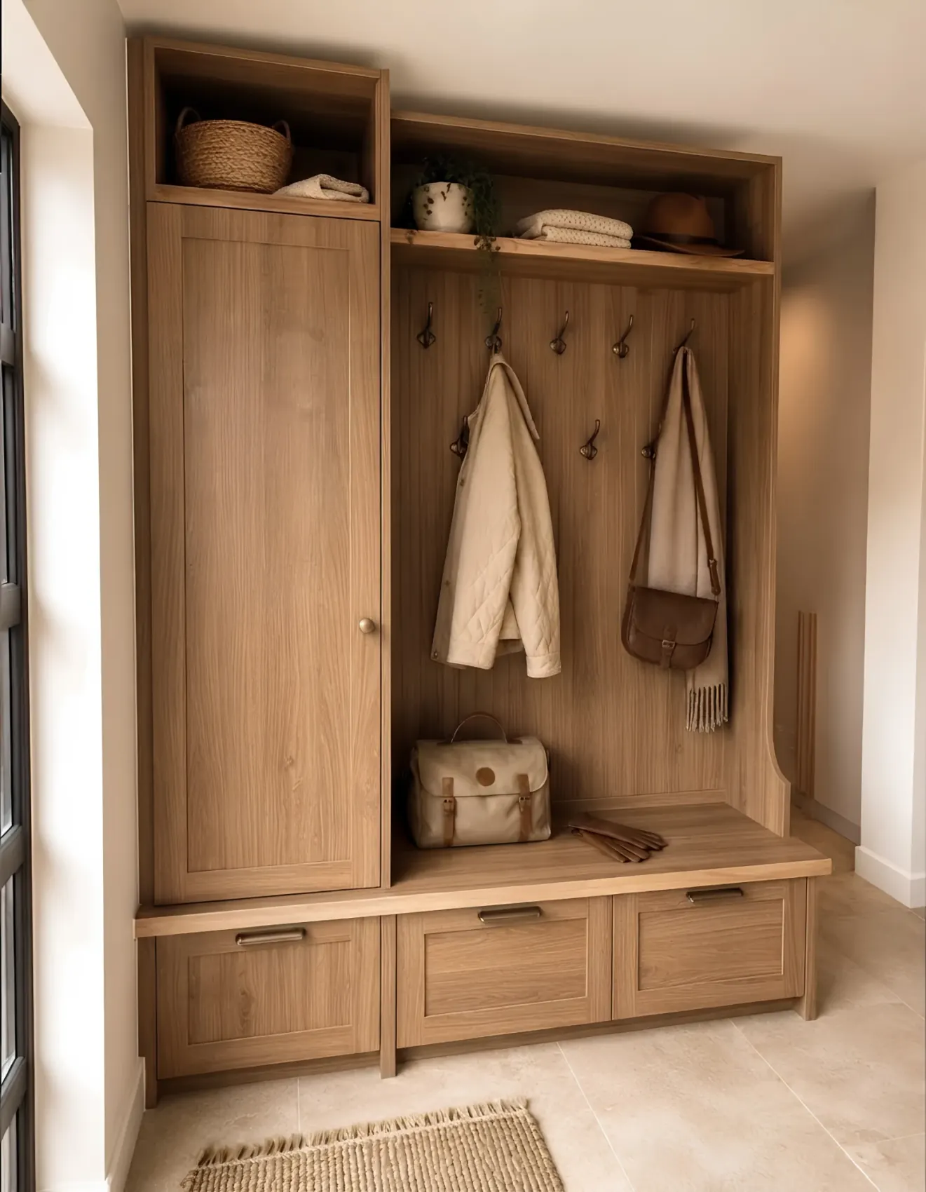 A warm oak entryway with a row of hooks under a display shelf, a bench across the front and deep drawers beneath it