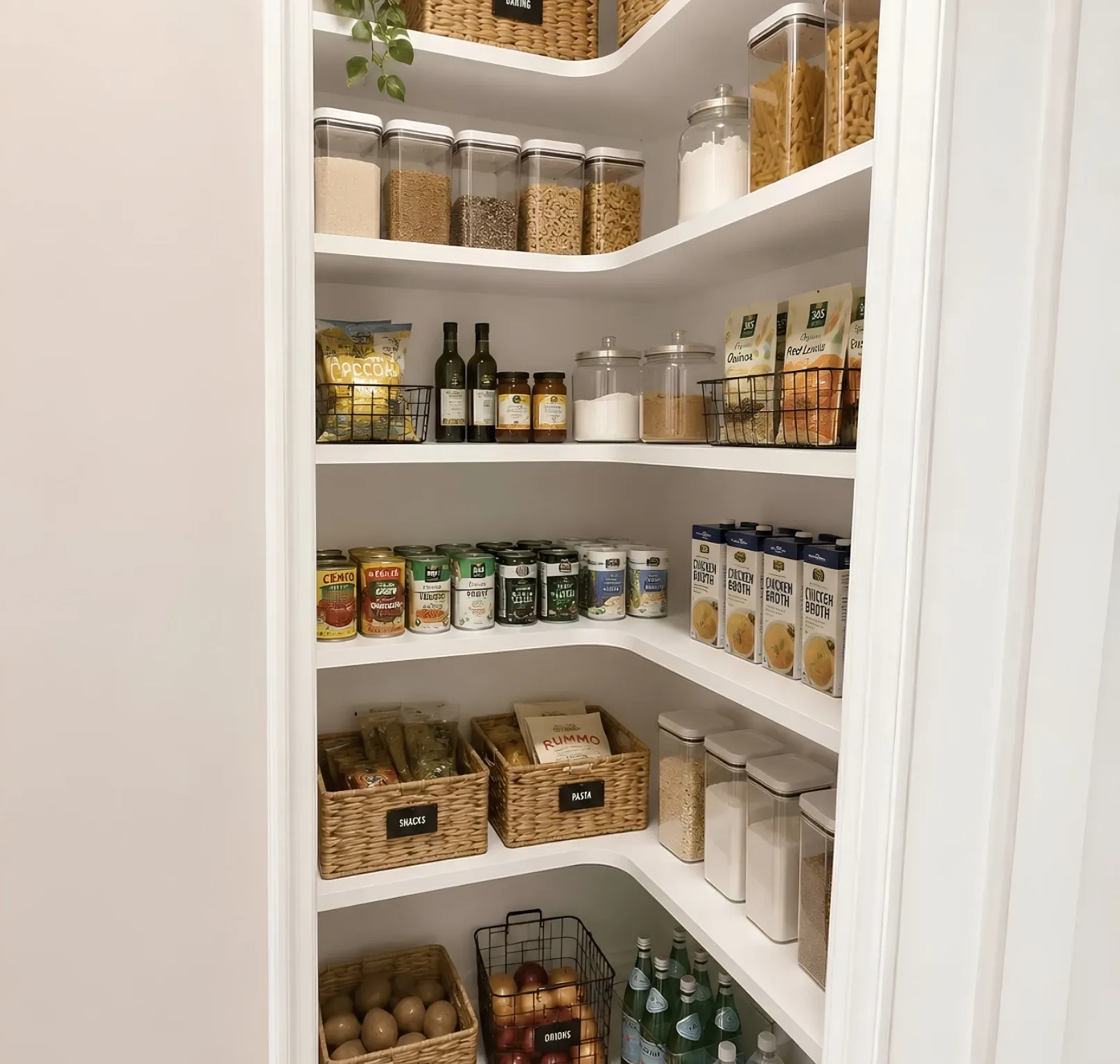 A white corner pantry shelved on both walls, clear canisters and labelled baskets on the upper shelves, tins and cartons at eye level and potatoes and onions in baskets at the bottom