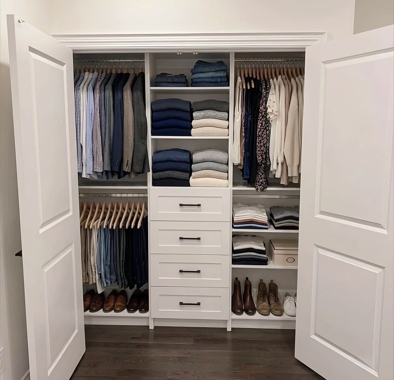 Wide reach-in bedroom closet with hanging sections either side of a run of drawers and folded shelving