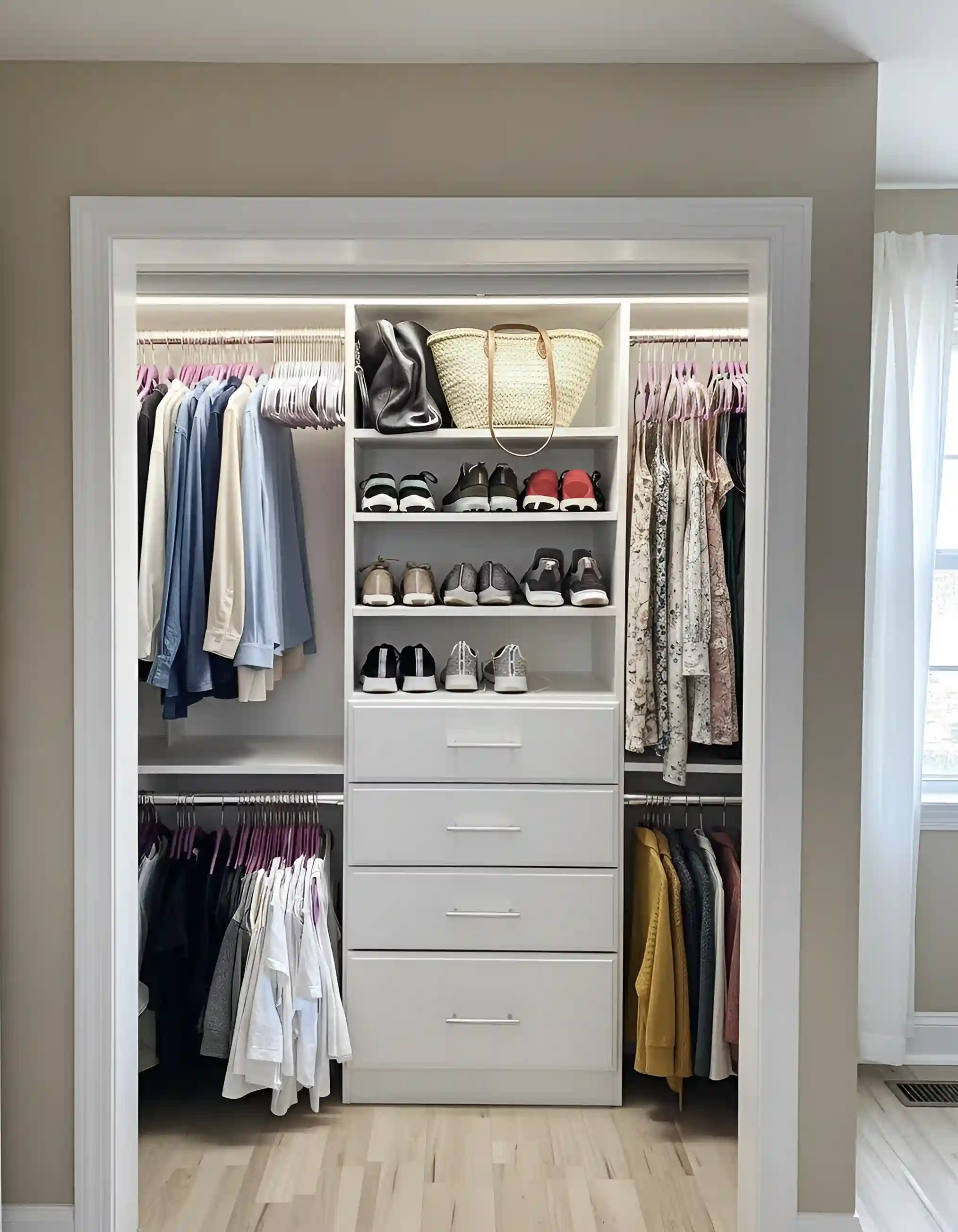 Reach-in closet divided into folded shelving and hanging zones, with accessories stored at eye level