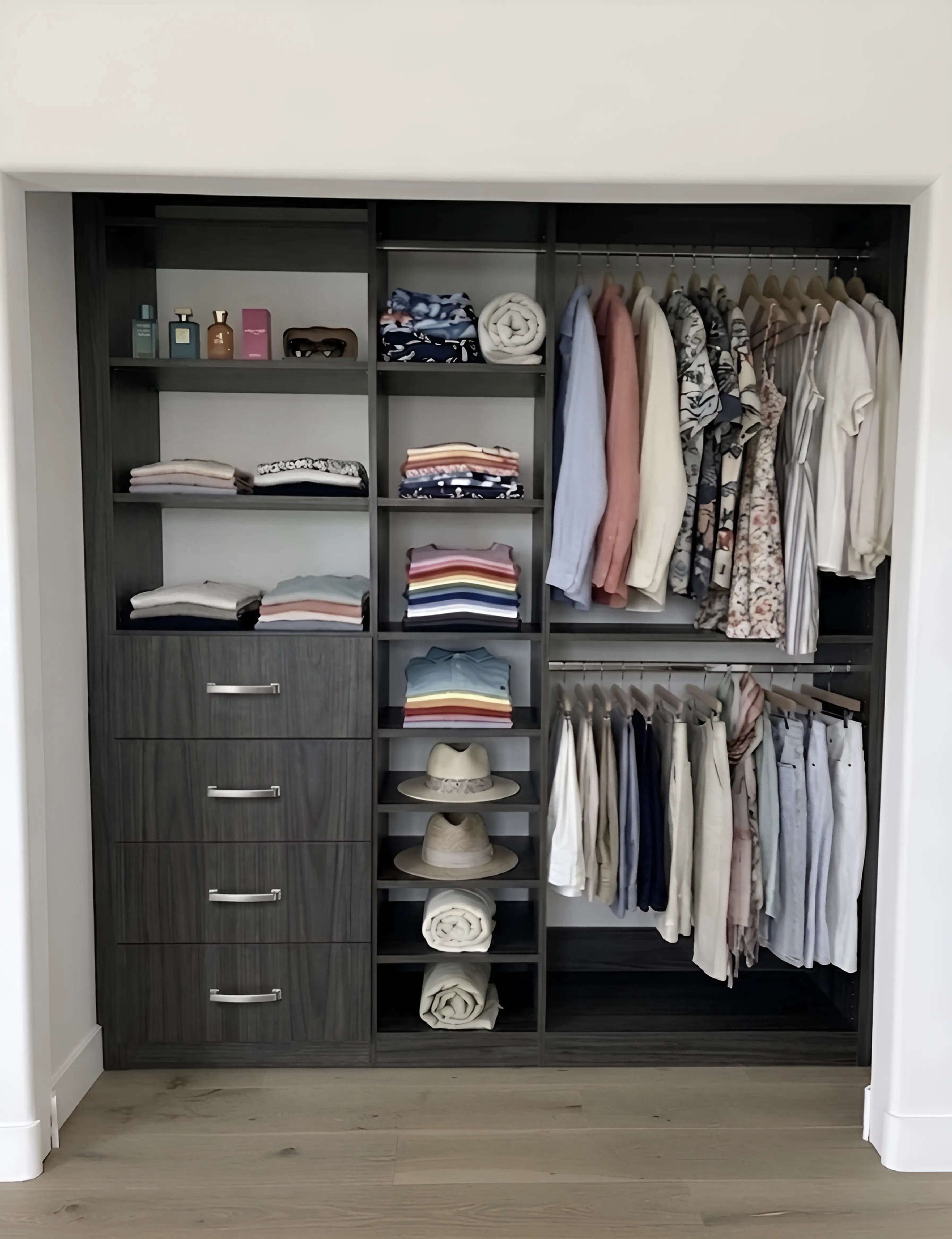 Floor-to-ceiling reach-in closet system with hanging, folded shelving, drawers and shoe storage