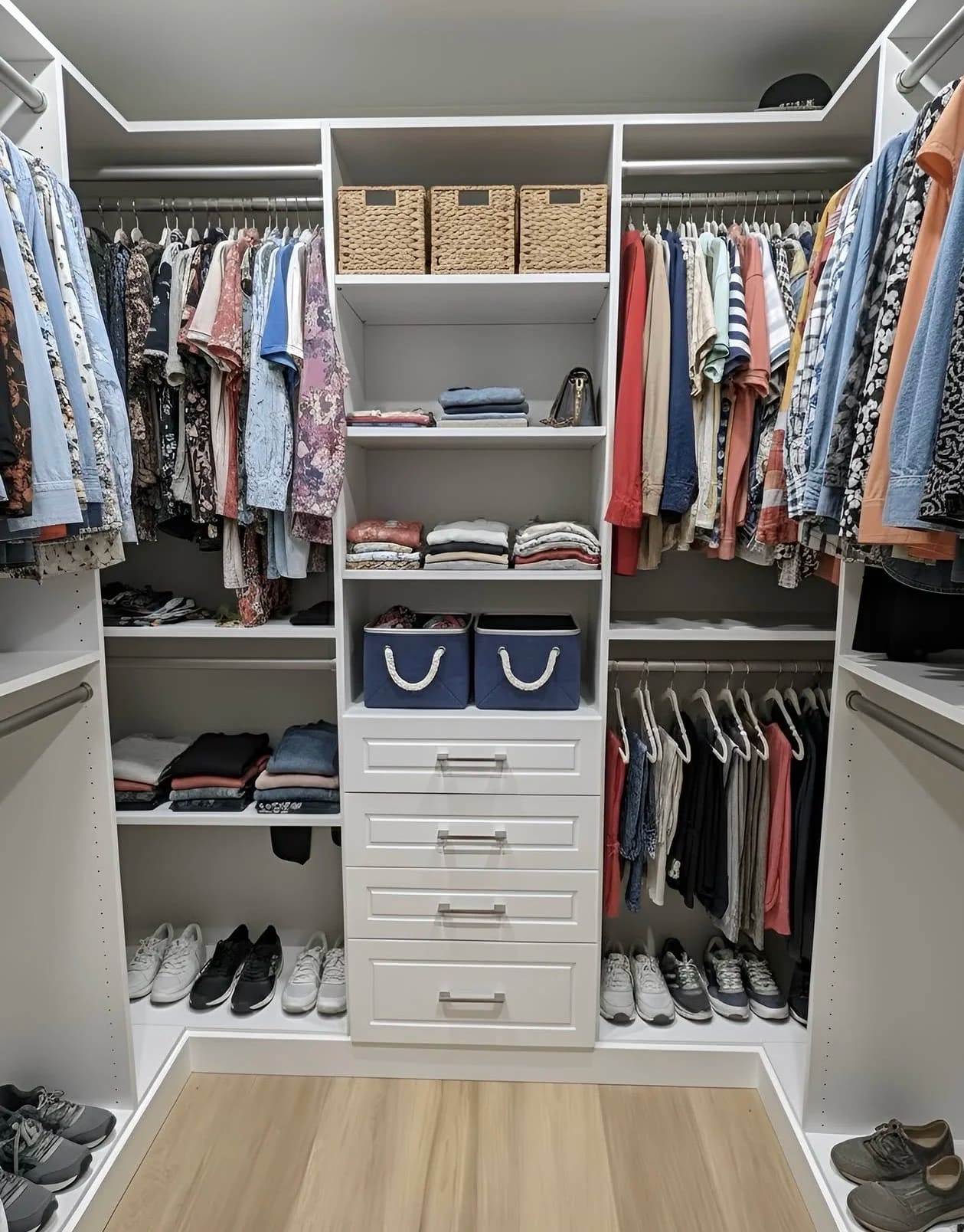 Corner walk-in closet in white with woven storage baskets above, a drawer bank and a lower shoe shelf