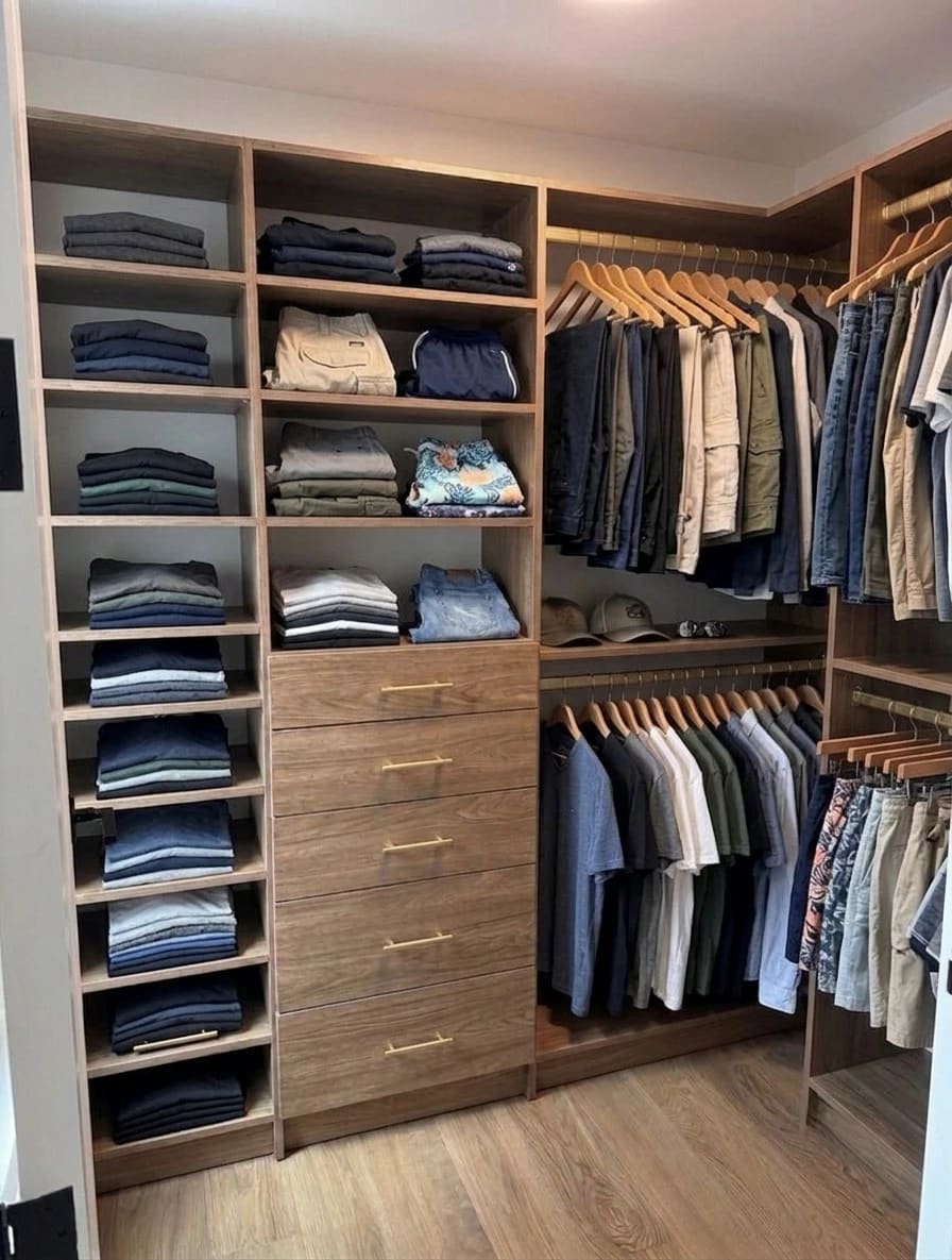 Walnut-finish walk-in closet with tall open shelving of folded clothes, a five-drawer bank with brass handles and two levels of hanging rails