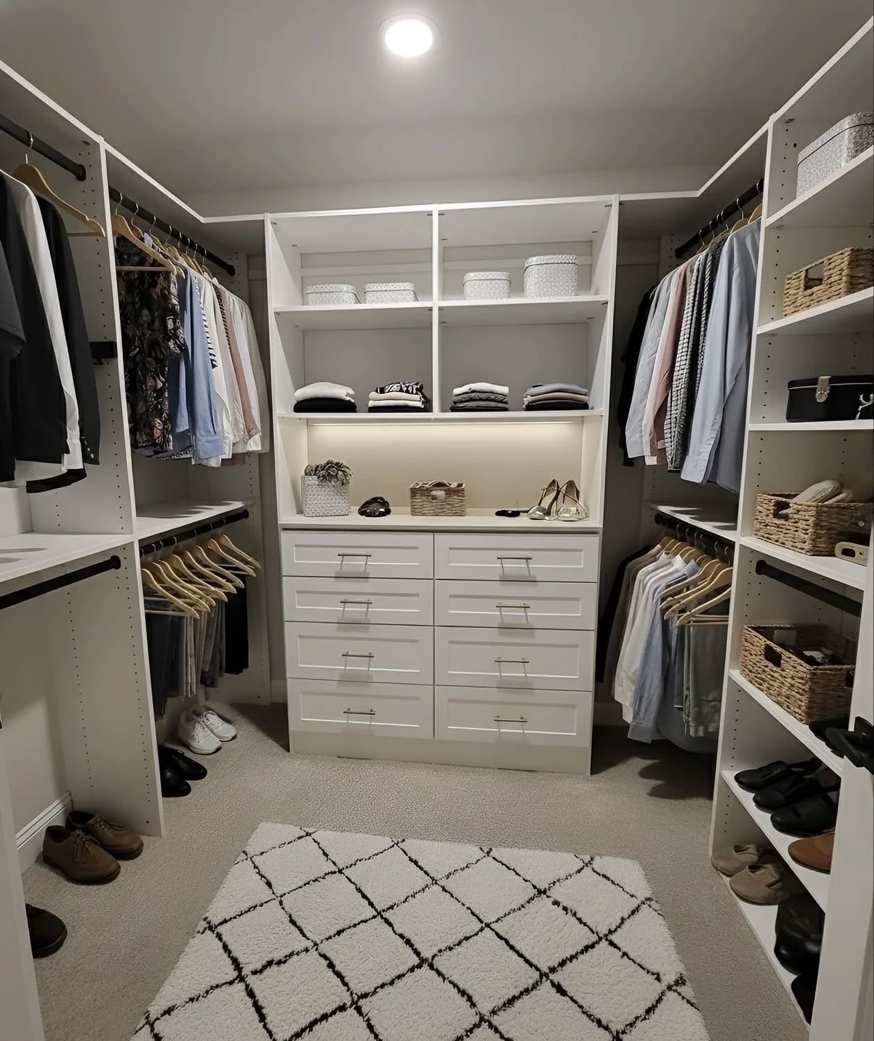 Bright walk-in dressing room with LED-lit display shelves, drawers and shoe storage on three walls