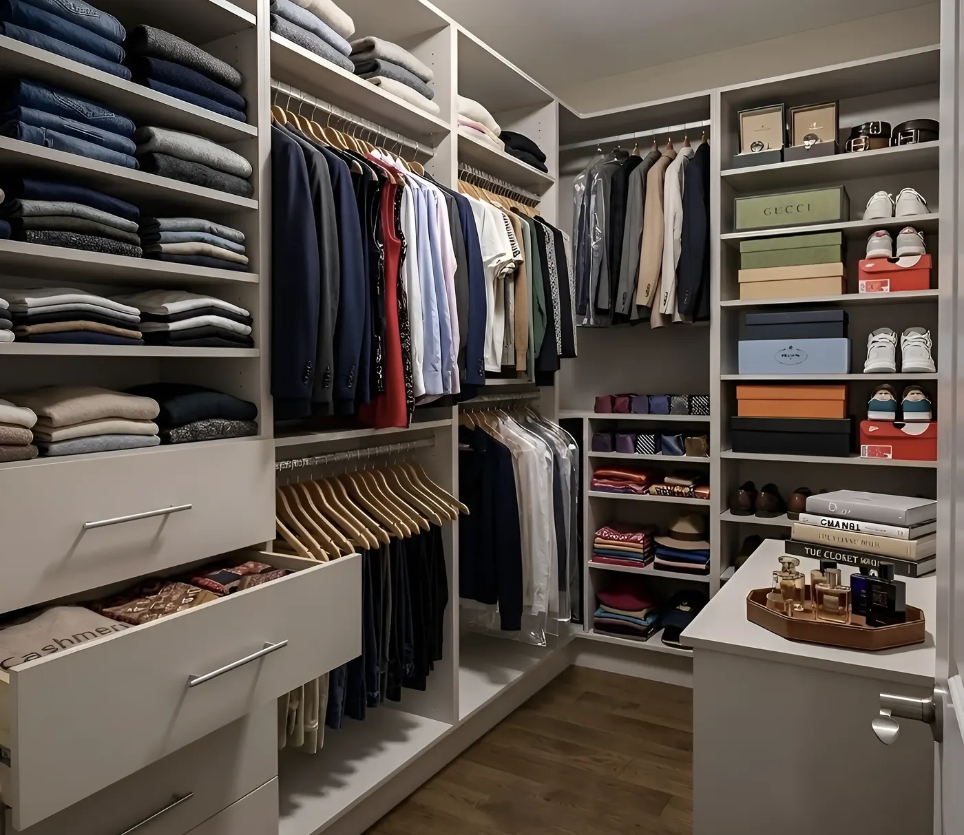 Walk-in closet with folded-sweater shelving, double hanging rails, a drawer bank and open shoe and accessory storage, built by Closet Form in Toronto