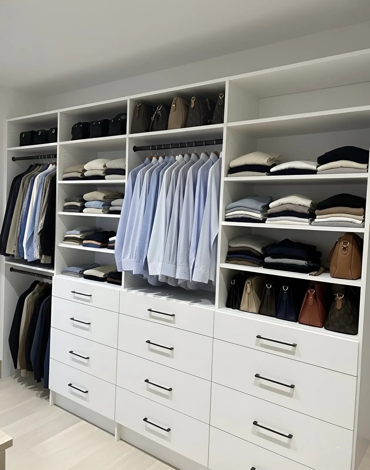 A white walk-in closet with twelve drawers banked below hanging and folded shelving, and handbags on the shelf above