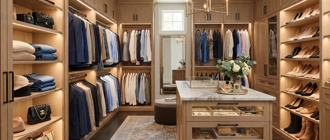 A light oak walk-in closet with lit shelving, hanging rails on three walls, a marble-topped island with glass-fronted jewellery drawers and a window at the far end