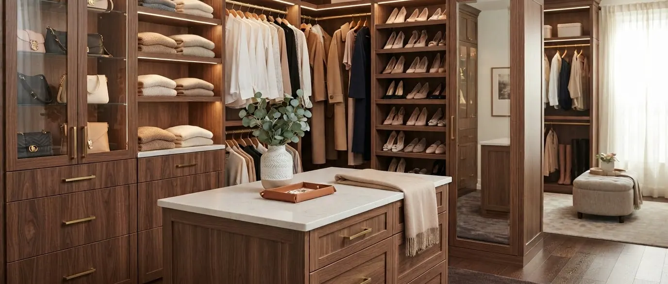 A walnut walk-in closet with a marble-topped island, glass-fronted handbag cabinets, lit shelves of folded knitwear, a shoe tower and a full-length mirror