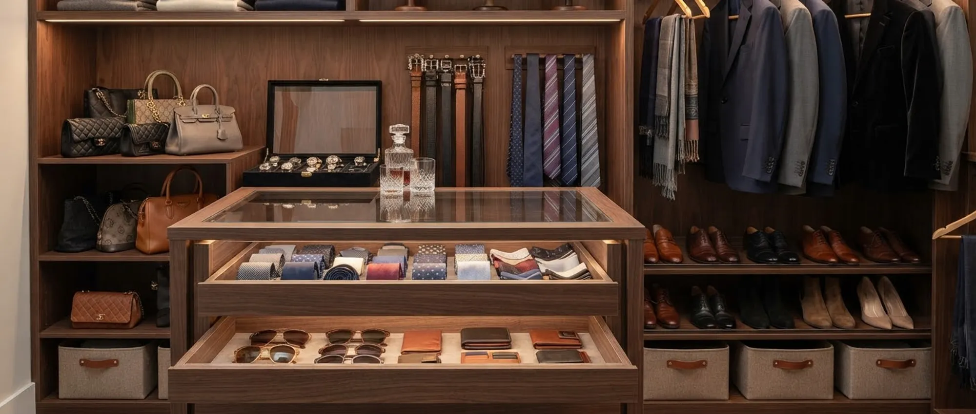 A walnut walk-in closet fitted out with a glass-topped island over lined tie and sunglasses drawers, a belt and tie rack, hat shelves, handbag shelving and angled shoe shelves