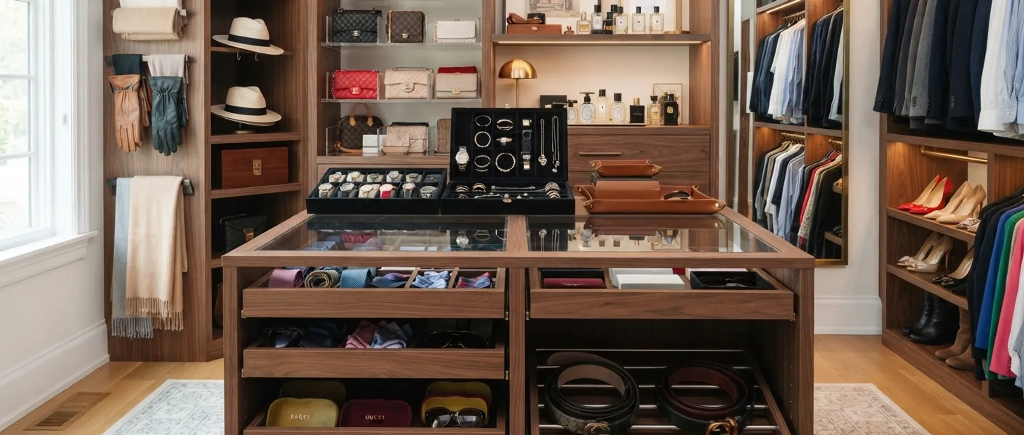A built-in wardrobe run in walnut around a glass-topped island holding watch and jewellery trays, with hat shelves, a pull-out belt rack, a full-length mirror and hanging on both walls