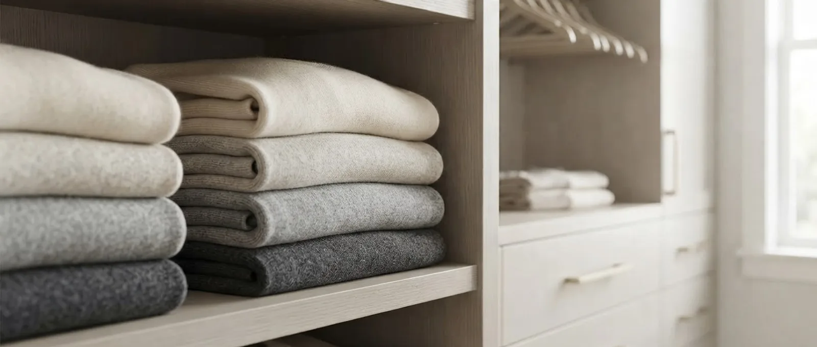 Folded knitwear stacked on the oak shelves of a custom closet, with hanging and a bank of drawers behind