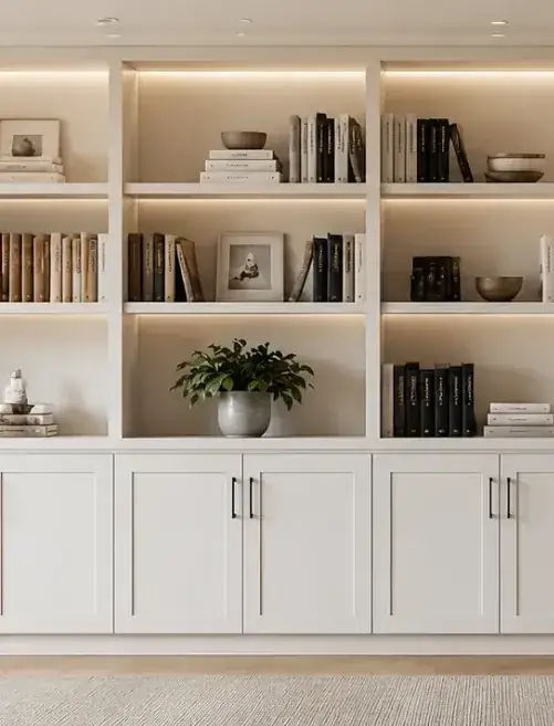 A library wall running the length of a room — three shelves of books and objects above closed white cabinets, lit from inside