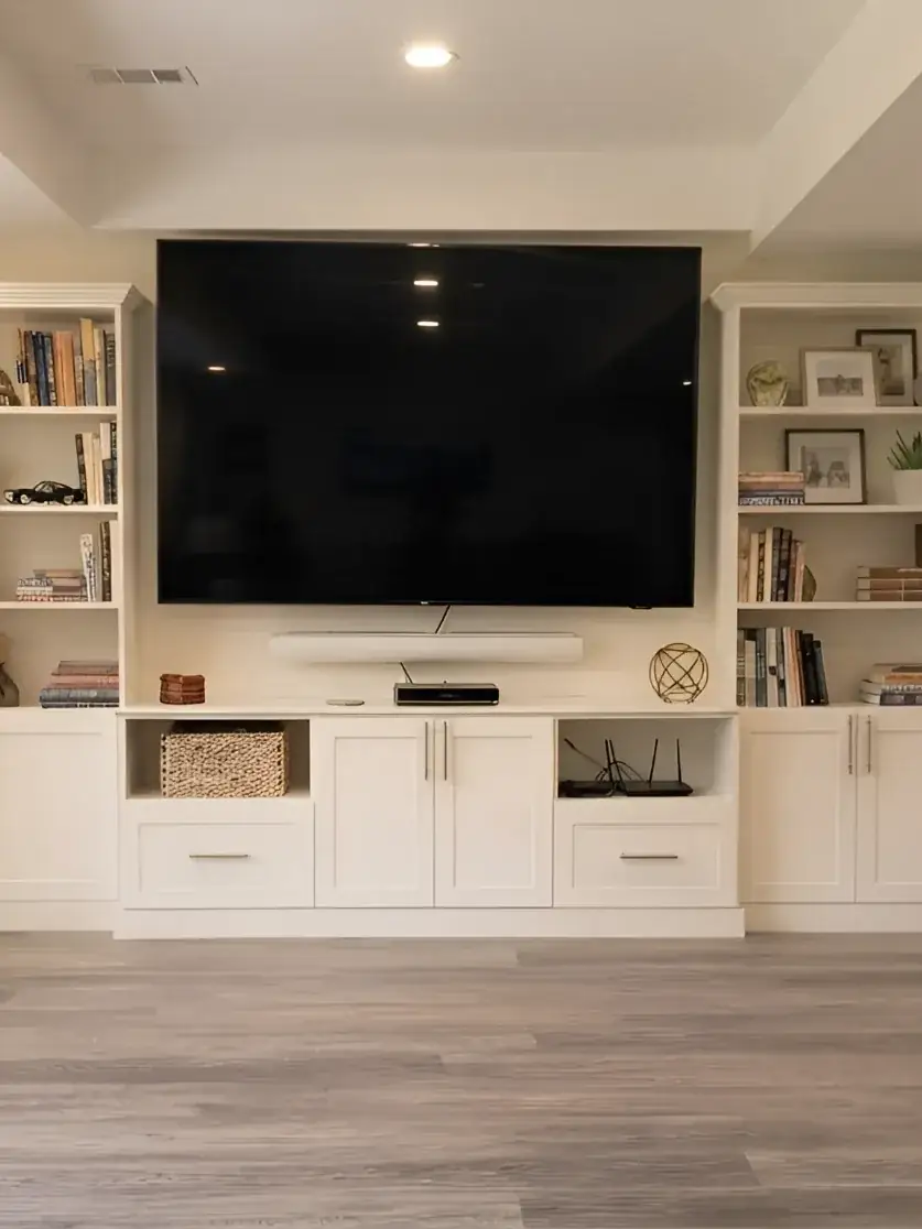 A white built-in media wall — bookcases either side of a large wall-mounted television, a soundbar shelf beneath it and closed cabinets and drawers running the length of the wall
